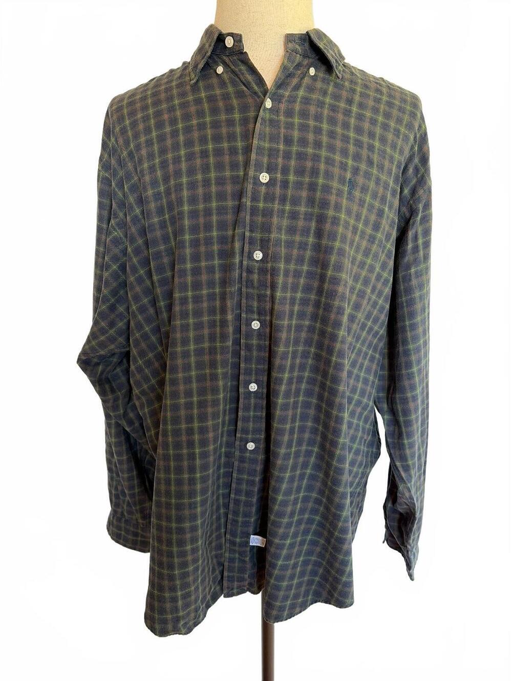 Vintage Ralph Lauren Shirt XXL Green Navy Tartan Plaid Cotton Preppy Old Money